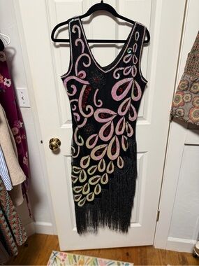 Gatsby Inspired Fitted Black Midi Dress with Pink & Cream Teardrop Embellishment